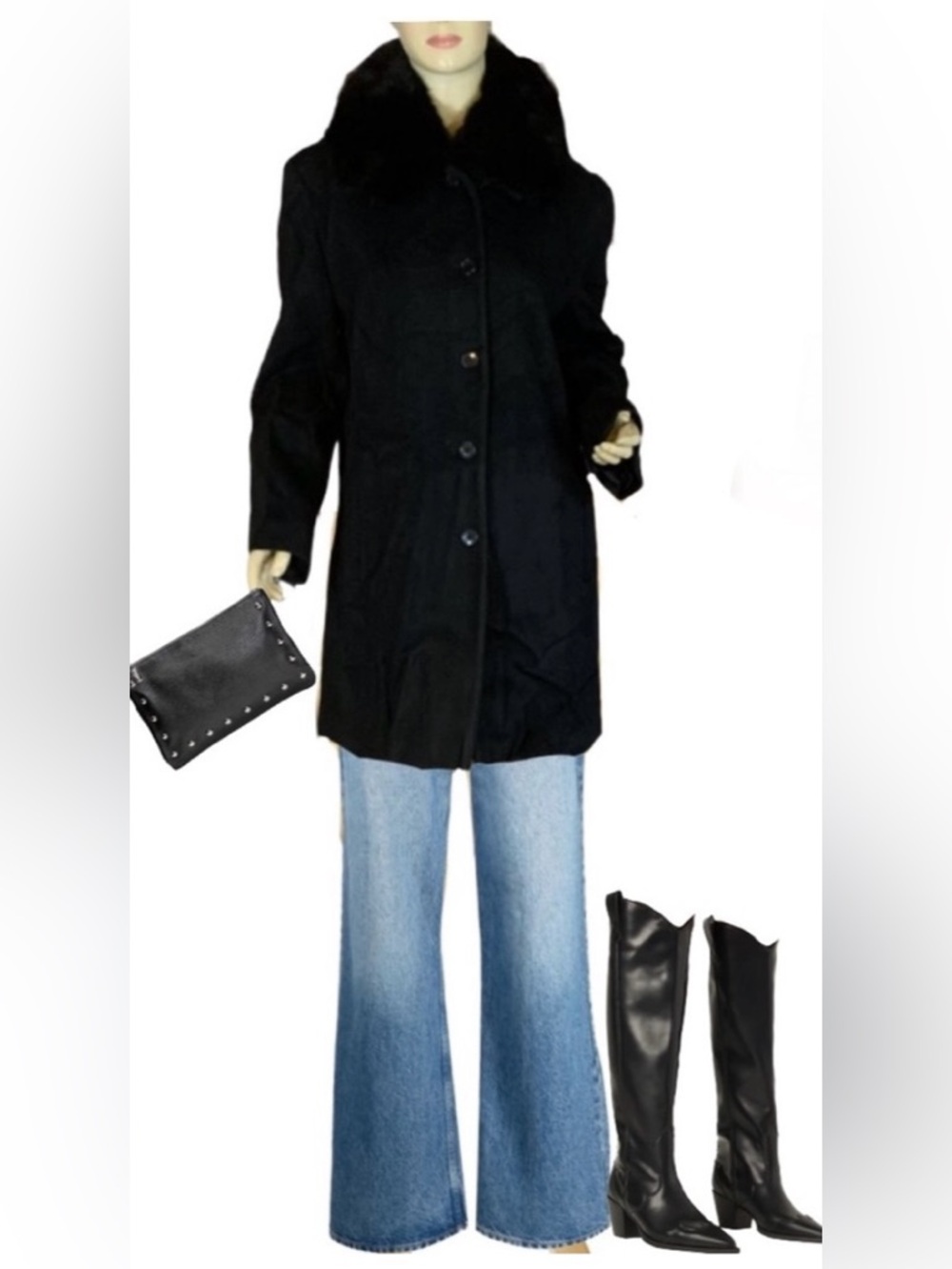 FLEET STREET BLACK WOOL W/FOX FUR COLLAR COAT (M)